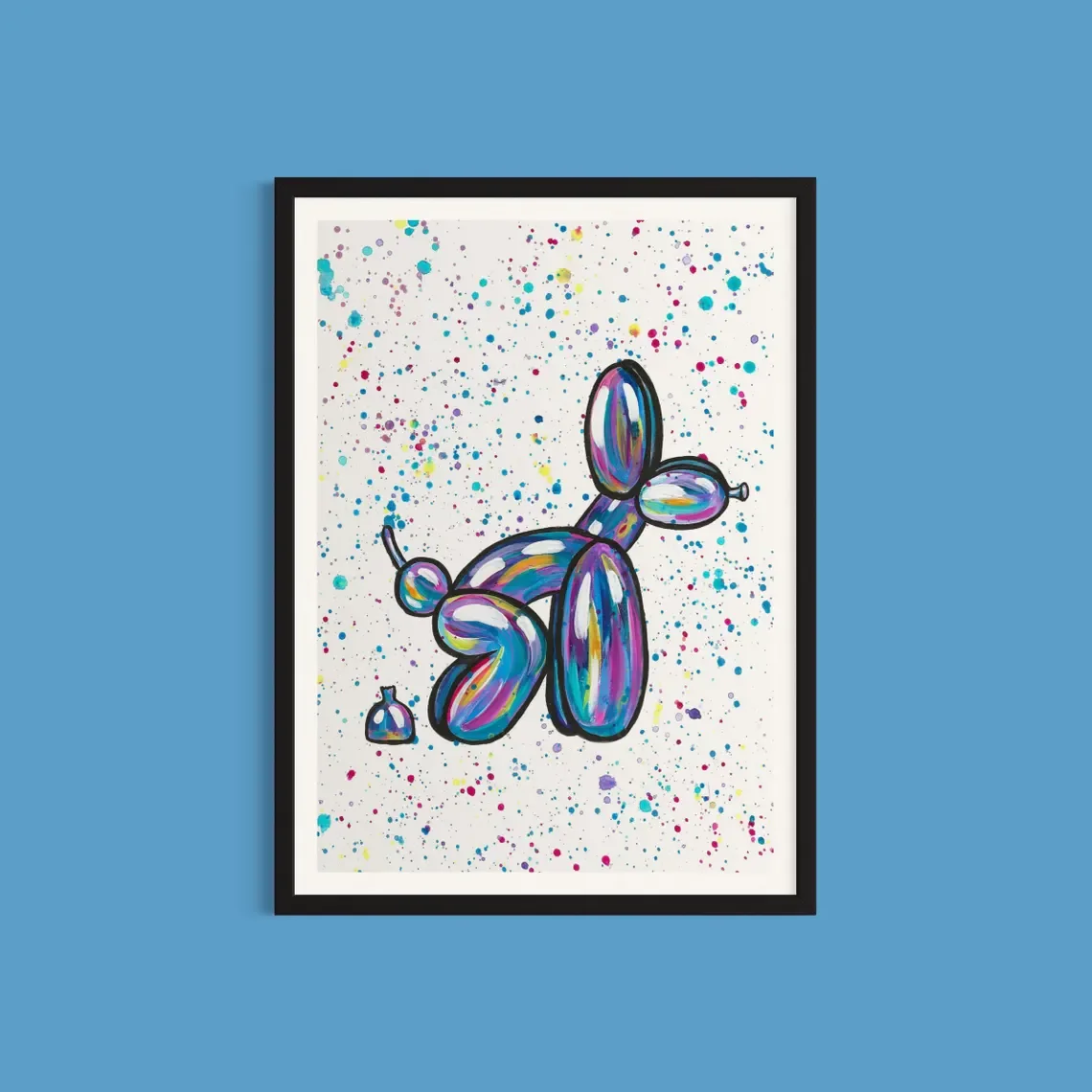 Playful Balloon Dog Wall Print Decor - Vibrant Watercolor Illustration of a Rainbow-Colored Balloon Dog Pooping, Surrounded by M