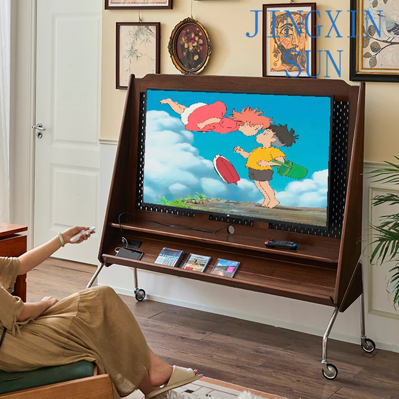 TV rack Solid wood TV mobile bracket Retro floor living room monitor TV rack cabinet