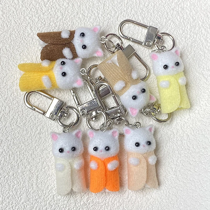 Cute Flocking Cat Keychain Kawaii 3D Kitten Keyring Car Key Holder School Bag Pendant Earphone Hanging Decoration Gifts