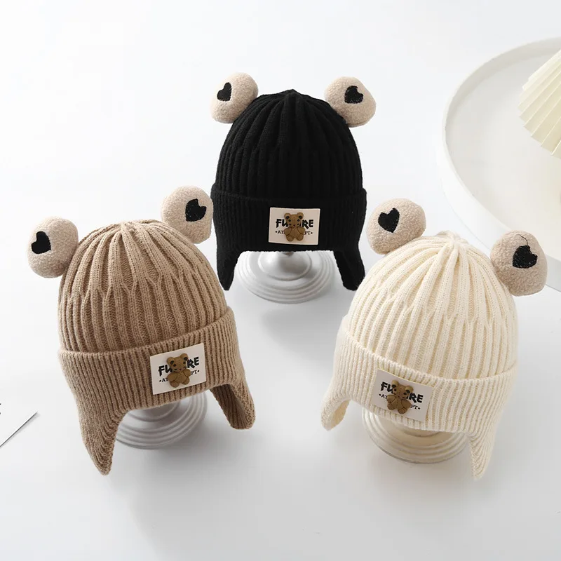 Baby hat autumn and winter cute cartoon ear protection knitted cap boys and girls thickened warm cold woolen cap