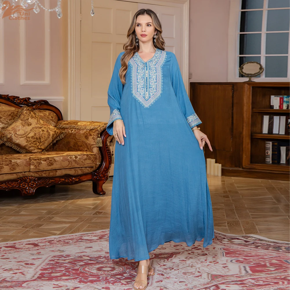 

Роскошные женские платья с вышивкой Uni Marocco, кафтан с v-образным вырезом и вышивкой в Дубае, свободная мусульманская женщина, Абая 2025 ﻿