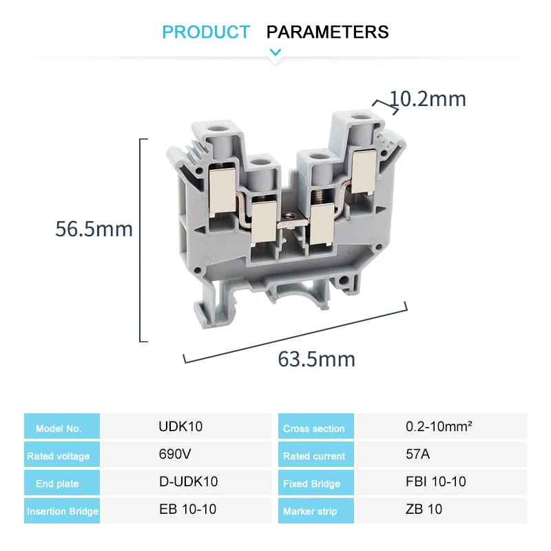 UDK-10 Screw 4  Wire Connector, 10mm² Electrical Din Rail Terminal Block, 2 input/output Feed-through Plug Terminals UDK10