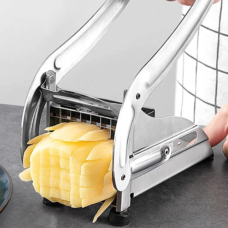 

Профессиональный резак для картофеля фри с двумя лезвиями, резак для картофеля из нержавеющей стали с нескользящим всасывающим замком для идеального картофеля фри