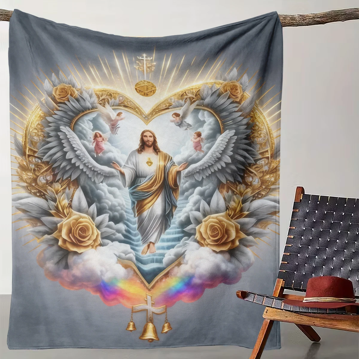 

1pc Holy Love Jesus Angel Blanket Prayer Wings Rainbow Flannel Throw