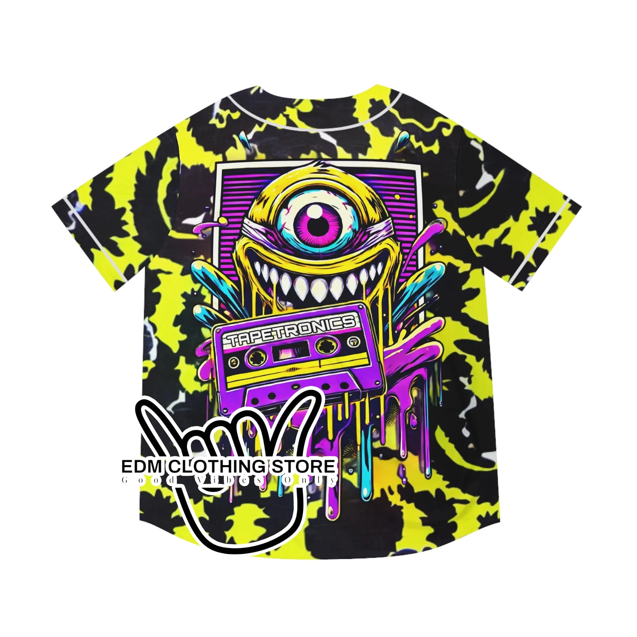 Monster Cassette Print Baseball Jersey, Bright Art Style. Button Shirt, Great for Music Events and Outdoor Parties.