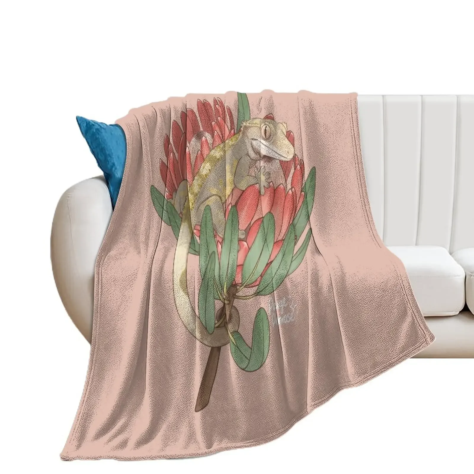 Crested Gecko with Protea Flower Throw Blanket Cute Plaid Decorative Throw Blankets