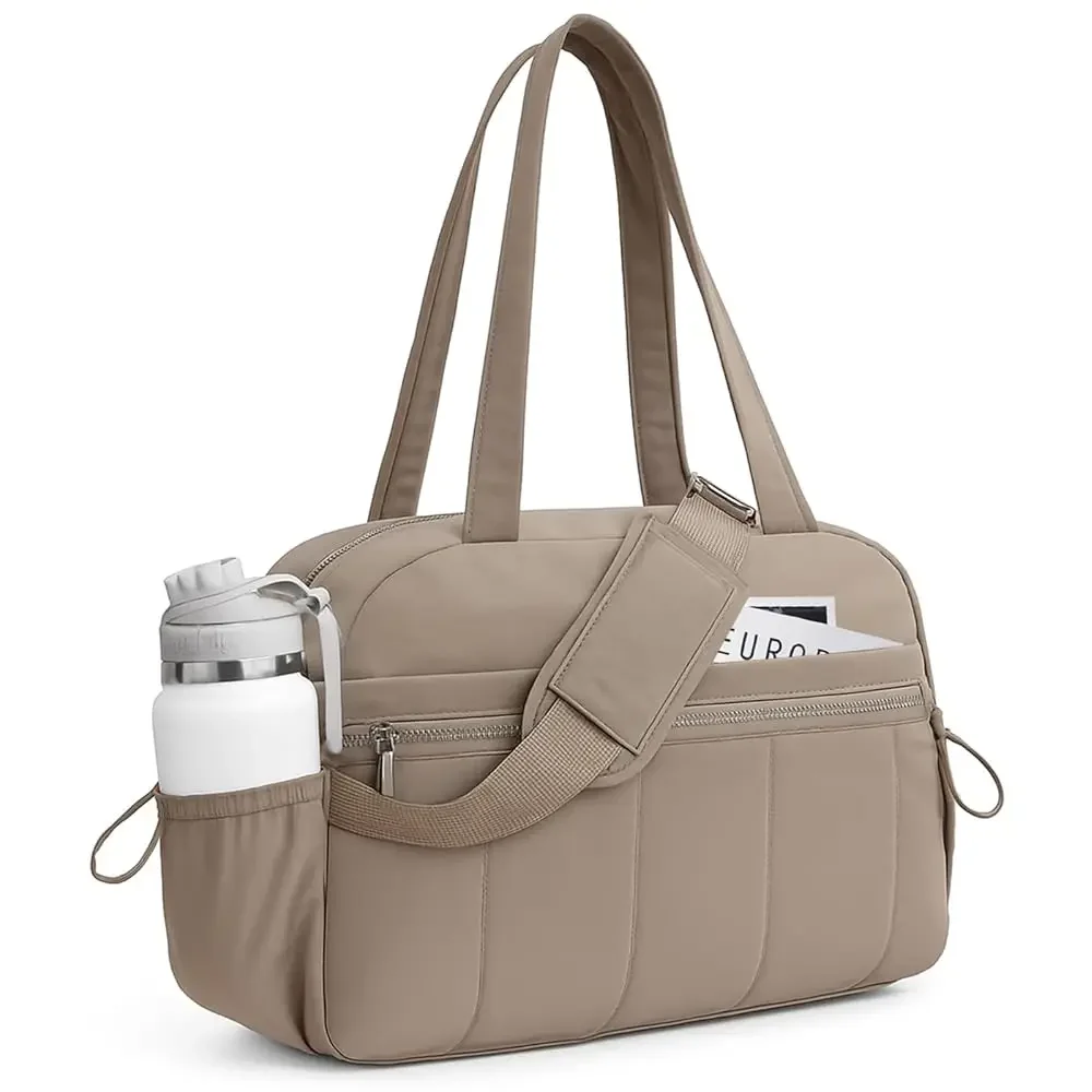Travel Duffle Gym Bag for Women, Lightweight Puffer Carry on Weekender Bags with Wet Pocket Tote Yoga Workout Bag (Camel)