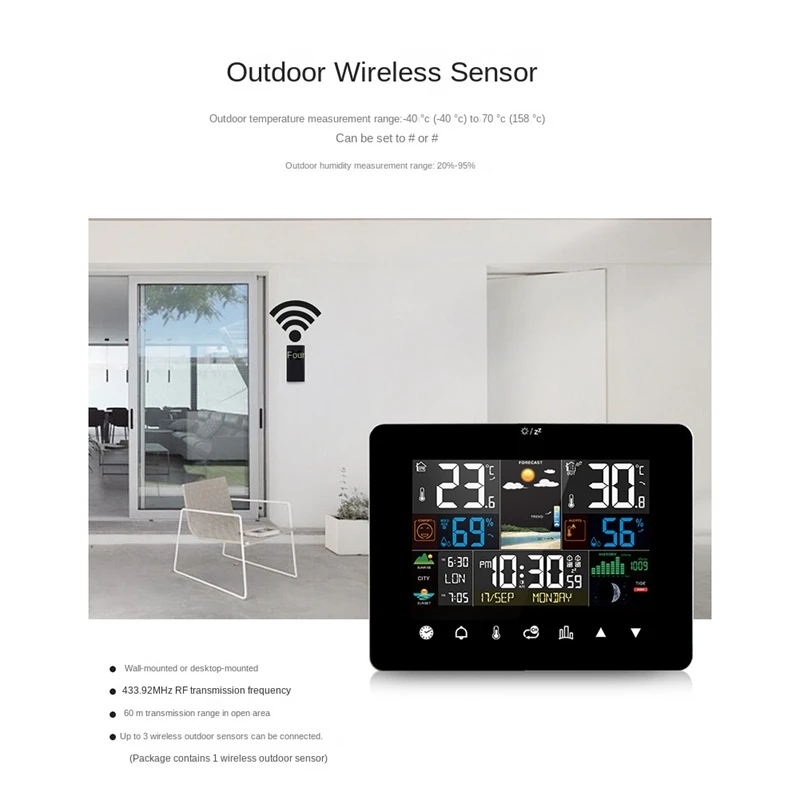 Alarm Clock Digital Time Sunrise/Sunset Electronic Thermometer Weather Forecast Wireless Sensor Wall Table Home