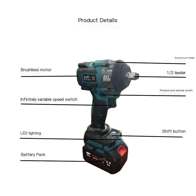 Llave eléctrica de gran par, llave de carga de batería de litio de 650 Nm, Motor sin escobillas, reparación de automóviles, pistola de viento de impacto portátil