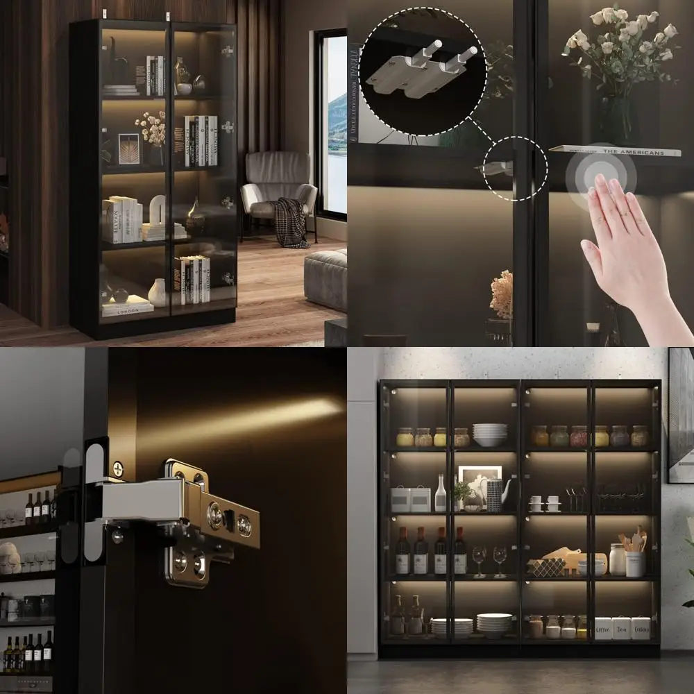 LED-Illuminated 4-Tier Tall Bookcase with Pop-Up Glass Doors, Freestanding Storage Cabinet for Home Display