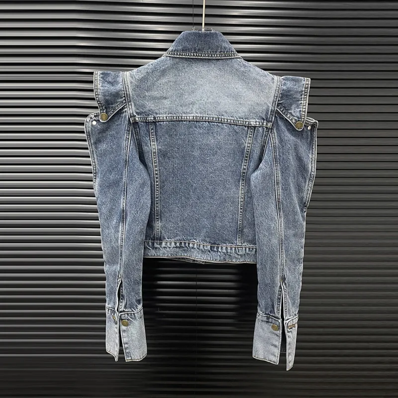 ANJY Autumn New Women Short Denim Jacket Hollow Out Long Sleeve Turn-down Collar Single Breasted High Street Stylish Coat A10362