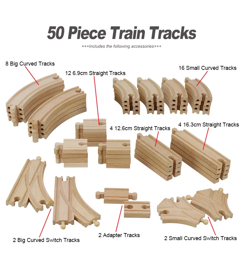 50PCS/Set Wooden Track Railway Toys Beech Wooden Train Track Accessories fit for Brand Tracks Educational Toys for Children Gift