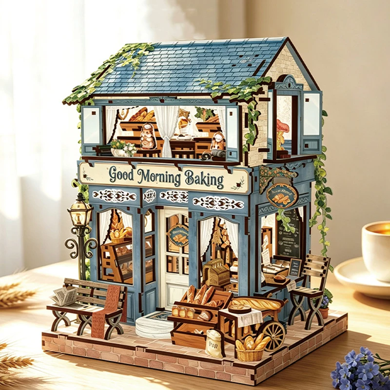DIY Wooden Bakery Cabin Cottage Miniature Model Kits With Furniture Casa Dollhouse for Friends Christmas Gifts