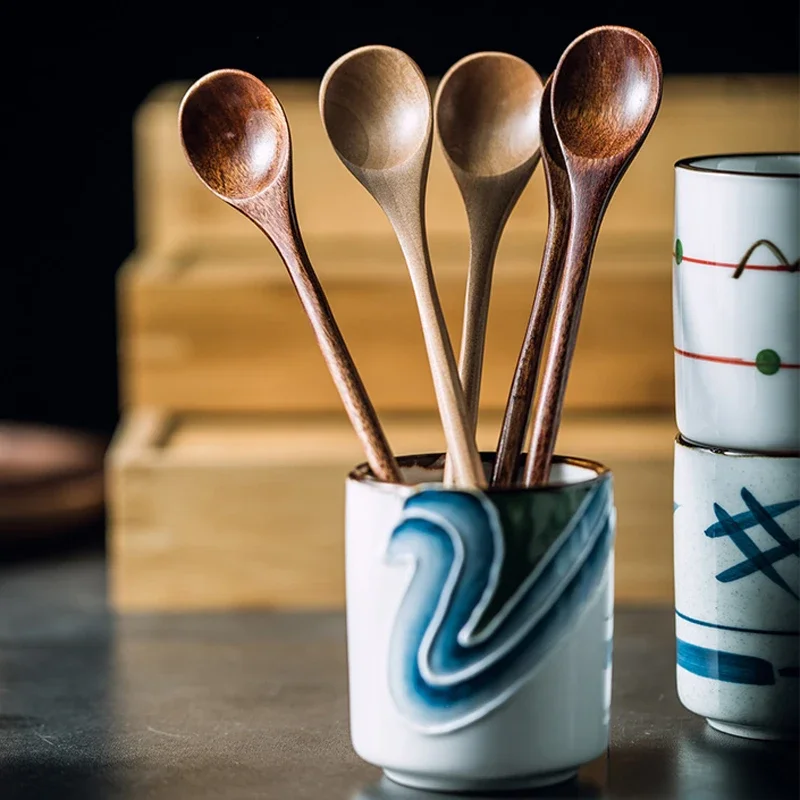 6Pcs Wooden Tea Spoon Long Coffee Spoons Small Teaspoon Set Wood Honey Dessert Spoon Coffee Drink Stirrer Teaspoons Tableware