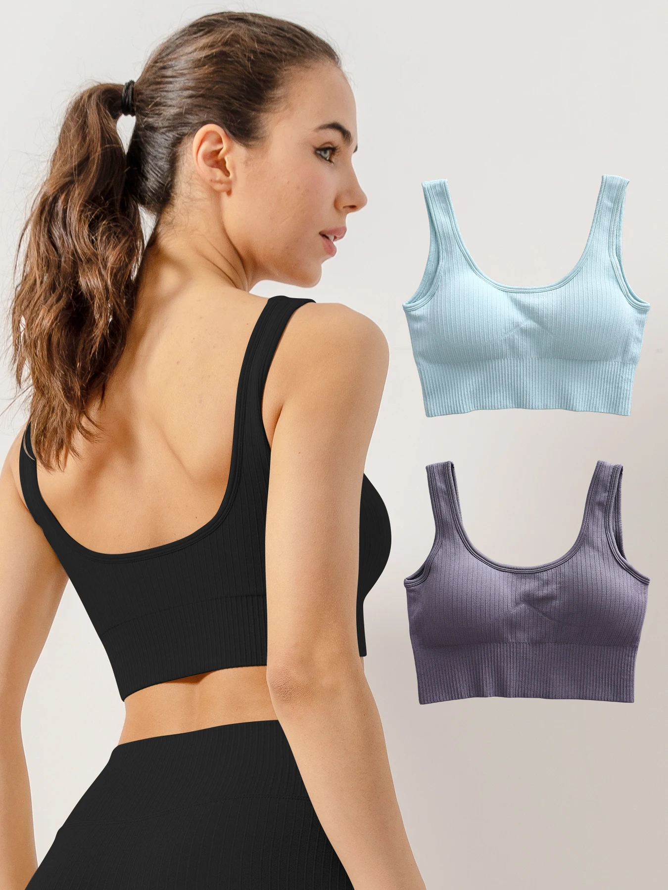 3 قطع من القمصان الرياضية المريحة بدون خياطة - حمالات صدر مضلعة مع وسادات قابلة للإزالة، وأشرطة واسعة، غير سلكية
