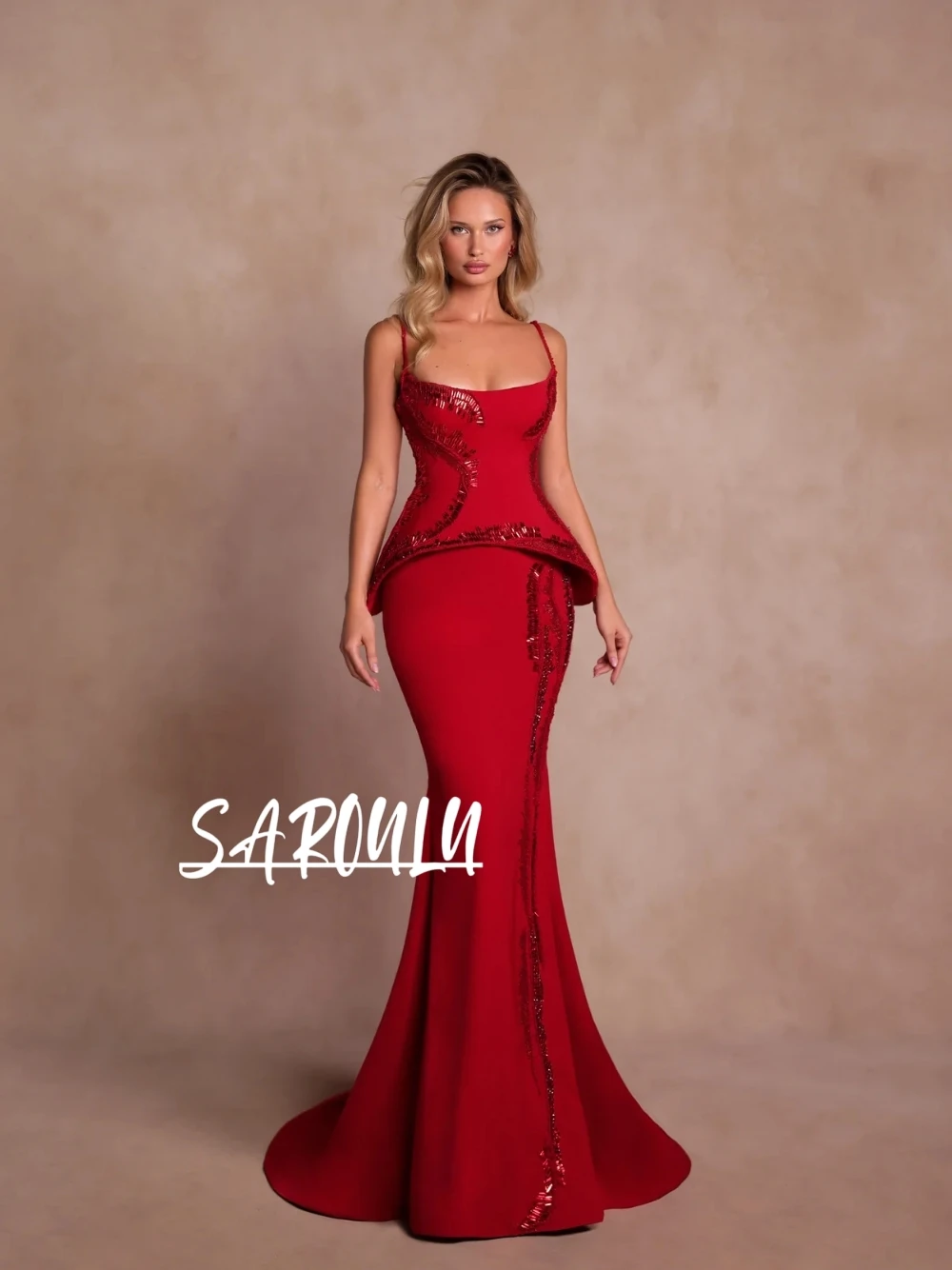 

Red Elegant Mermaid Evening Dress Beaded Hourglass Corset Customized Cocktail Party Gown Chic Soft Satin Charming Prom Wear