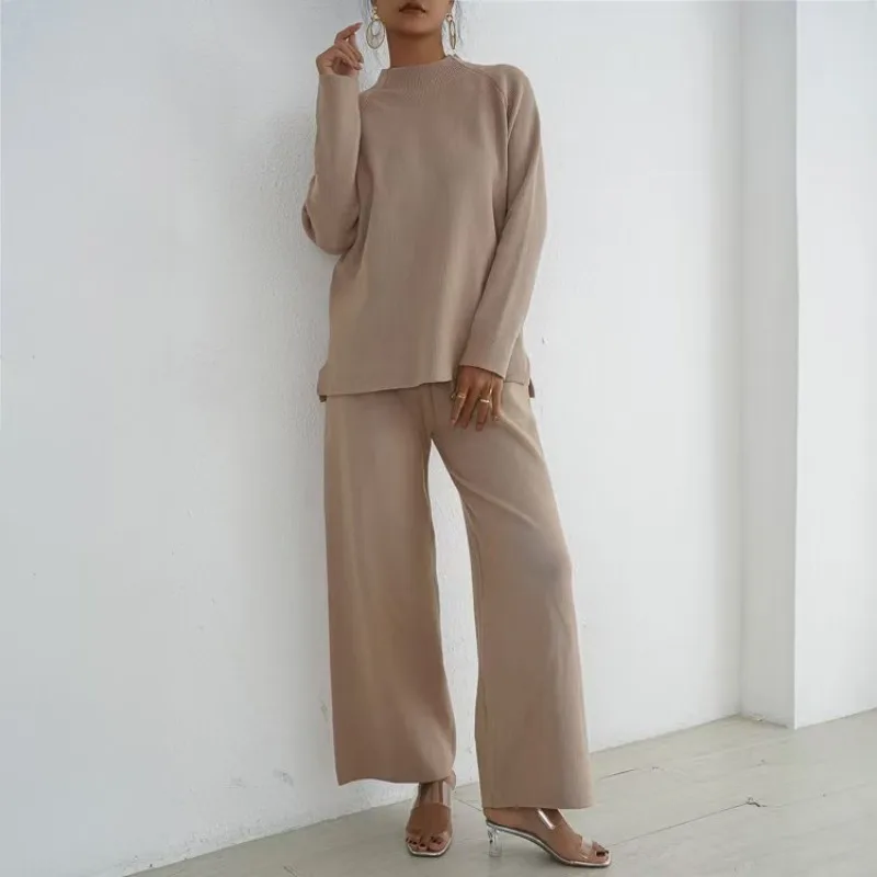 Ensemble 2 Pièces Haut de Gamme pour Femme, Pull à Manches sulfet Pantalon à Jambes Larges, Tenue Décontractée, Couleur Unie, Nouvelle Collection