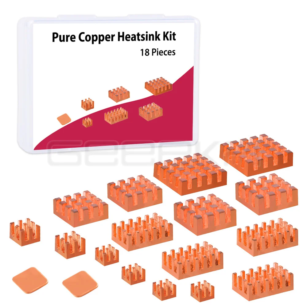 

GeeekPi Pure Copper Heatsinks for Raspberry Pi 5/Pi 4B 18 Pieces Pack CPU Cooler Heatsink with Thermal Conductive Adhensive Tape