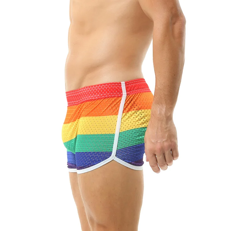 Rainbow Striped Mesh Boxer Shorts for Men Breathable Stretchy Teenager Mid-Waist Convertible Trunks Youth Sexy Printed Underwear
