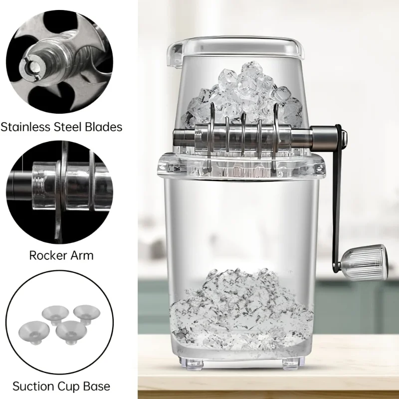 

Portable Hand-Cranked Ice Crusher, Transparent Black Plastic Ice Shaver for Cocktails, Smoothies, and Drinks, Easy to Use and Cl