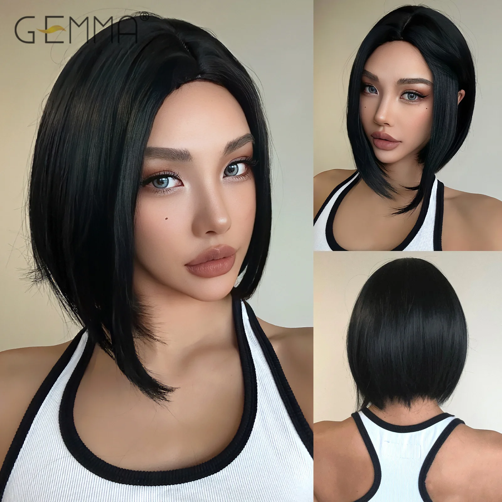 Perruque Courte Bobo Noire Synthétique GEMMA avec Raie au Milieu pour Femmes, Résistante à la Chaleur, pour Cosplay, Fêtes et Usage Quotidien, Aspect Naturel