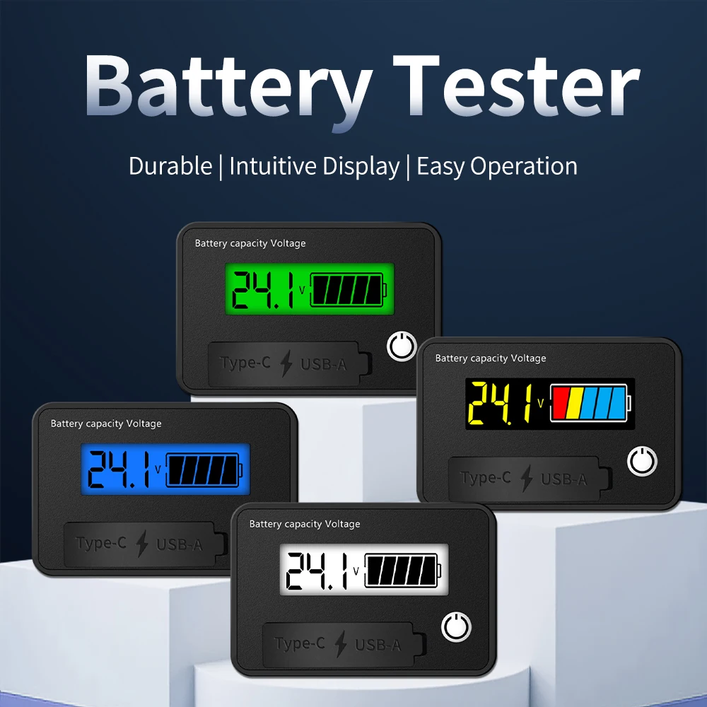 DC8-30V Battery Capacity Indicator 12V 24V Digital Electricity Meter USB+Tpye-C Output Lithium Battery Tester for Car Motorcycle