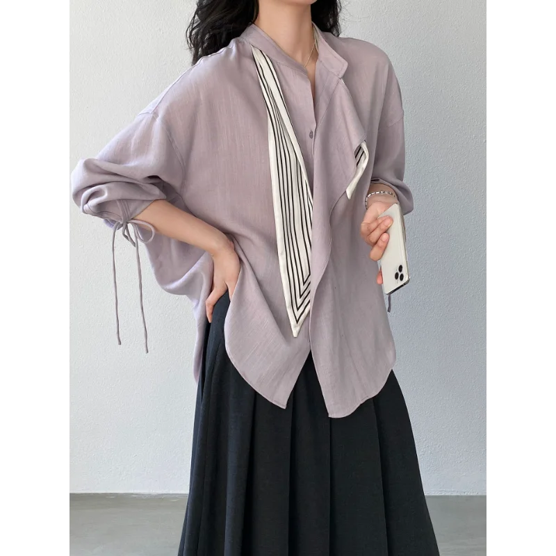 

Romantic French-style Lace-up Shirt with Silk Scarf for Women's Spring Loose Wild Purple-gray Sweet Long-sleeved Lady Shirt