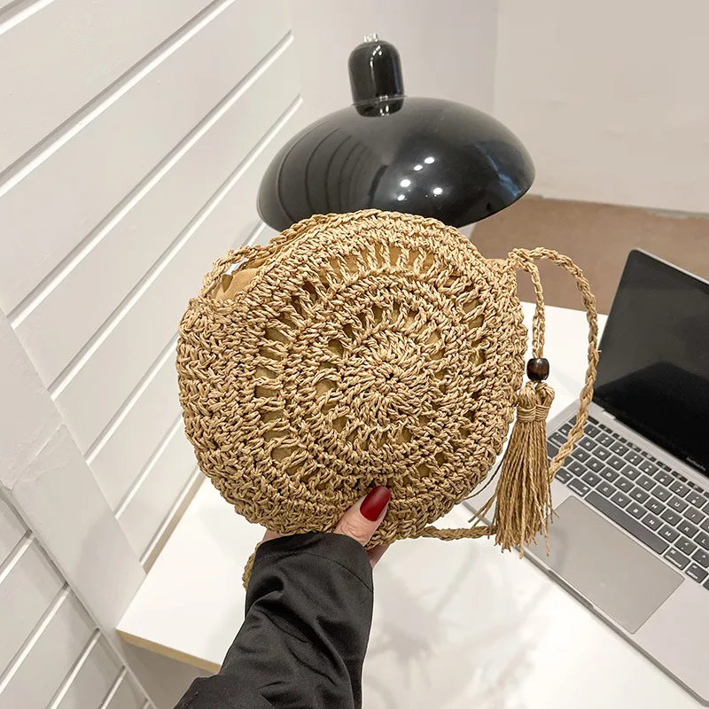 Rattan gewebte Frauen Stroh Umhängetasche kleine Clutch Geldbörse und Handtasche Sommer Strand tasche Frau Quaste Schulter Umhängetasche – Detail 4
