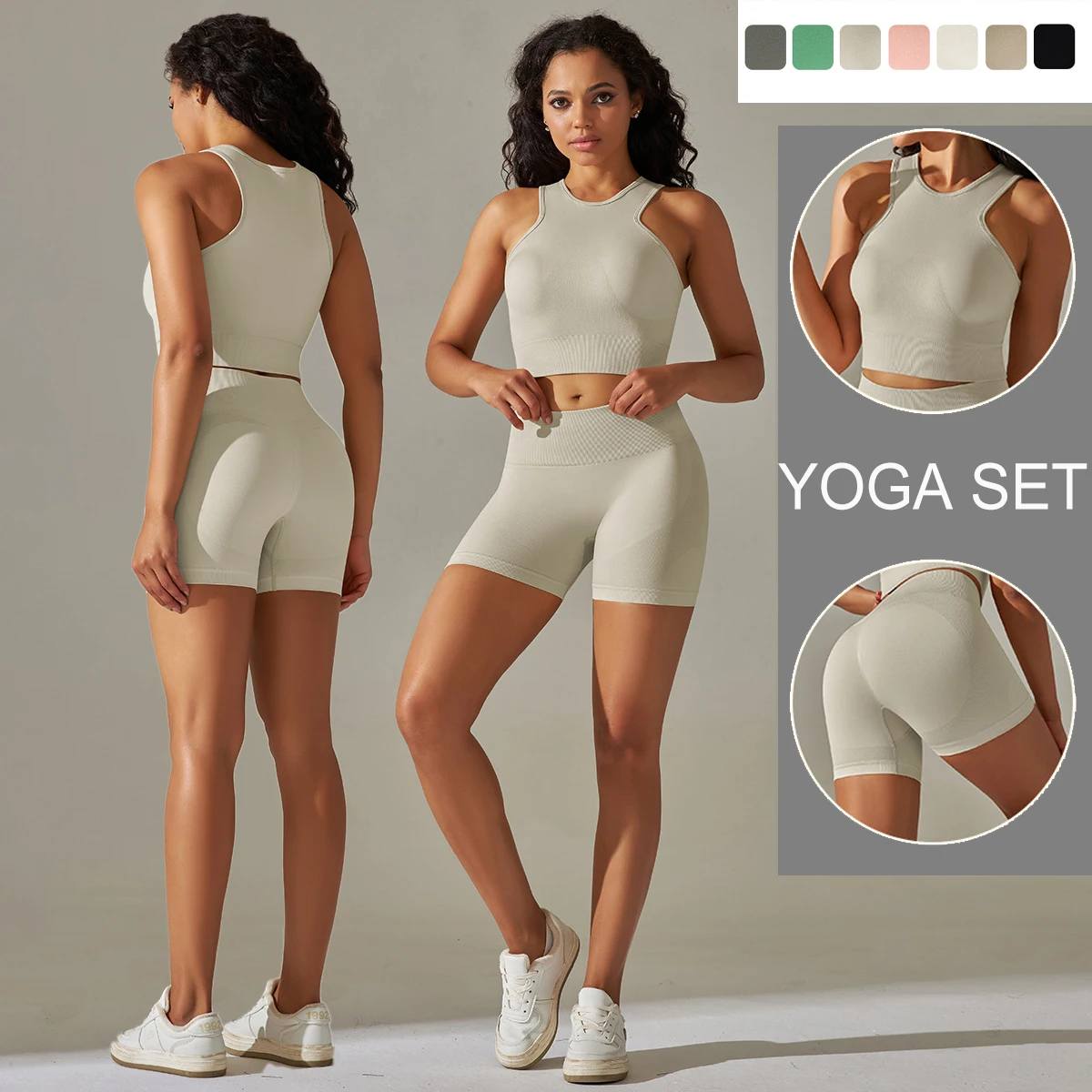 

2 Pieces Seamless Knitted Yoga Set for Woman Solid Color Scrunch High Strength Workout Sports Top Quick-Dry Shorts Vest Yoga Set