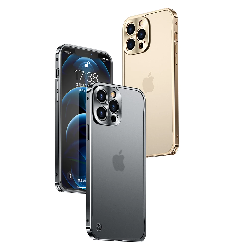 Luxury Scrub Metal frame+Transparent glass Back Cover for iphone 15 14 13 Pro Max 12 11 Pro MAX 12 13 Mini Fashion phone case