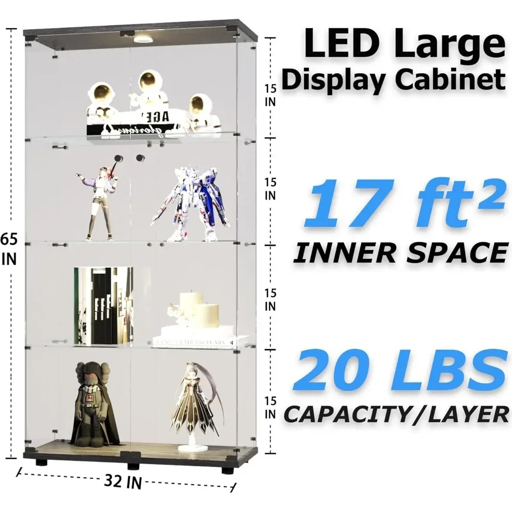 خزانة عرض، خزانة عرض زجاجية بأضواء LED ذات 4 أرفف مقاس 64.5 بوصة مع باب مزدوج، حافظة عرض مجموعة خزانة التحف الحديثة