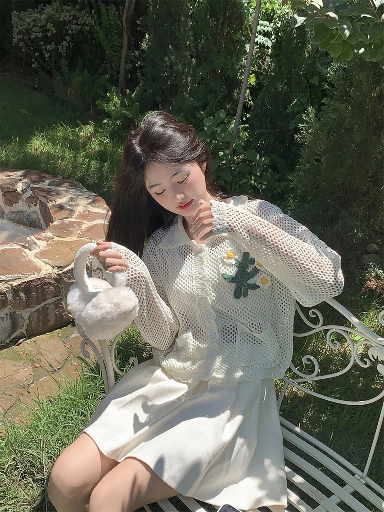 

Vanwenwen Cr Daisy Hollow out Long Sve Knitted Cardigan Women's Sweet Flower Collar Loose Fit Spring Top Breathable