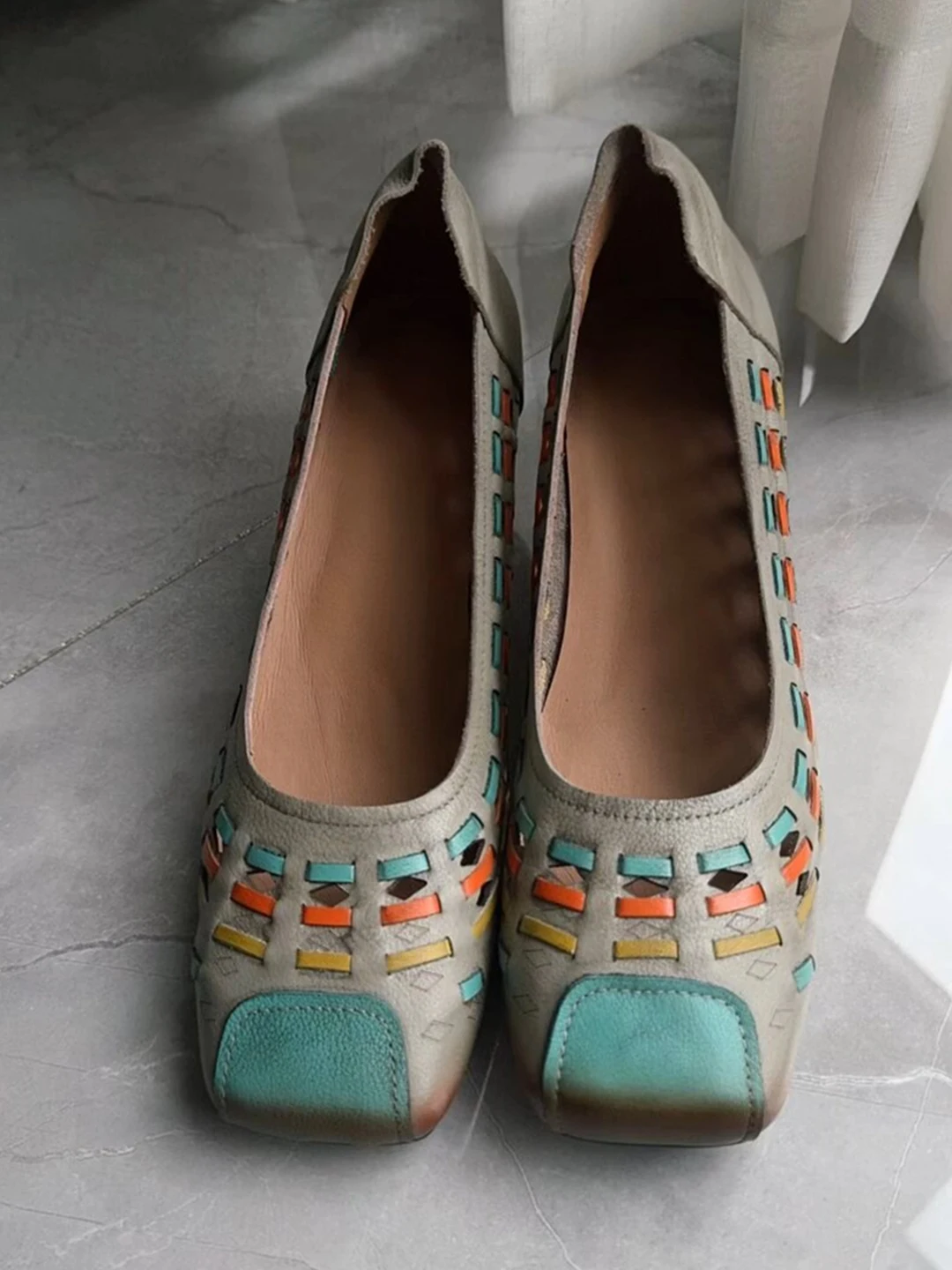 Retro Ethnic Style Leather Woven Color Block Flat Head Women's Shoes Comfortable Breathable Middle Heel Fashionable Eastern A...