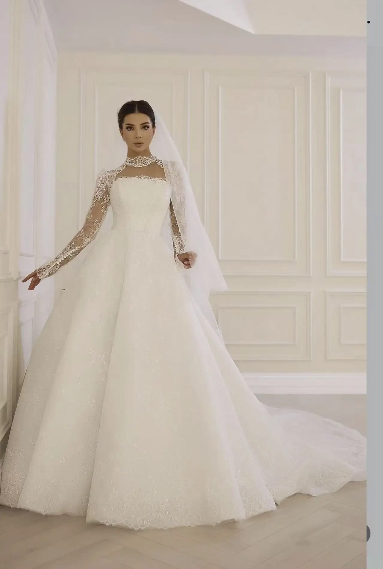 

Белое свадебное платье трапециевидной формы с высоким воротом по индивидуальному заказу, драпированное платье со шлейфом и кружевом, вечернее платье невесты с длинными рукавами, Vestido de novi