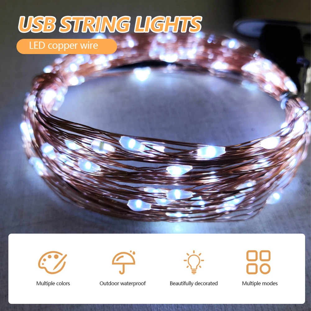 Guirnalda de luces LED de cobre y plata, 1/2/3m, USB, luces de hadas impermeables para decoración de fiestas, bodas y Navidad