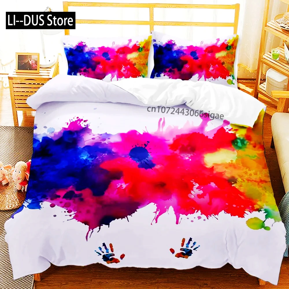 Abstract Duvet Cover set, Grunge style, Dirty Look With Colorful Watercolor stains, Liquid splashes, Polyester Bedding set, Quee