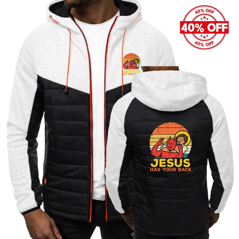 سترة رجالية بغطاء للرأس بألوان متباينة لعام 2025 سترة رجالية لربيع وخريف يسوع لديها ظهرك جيو جيتسو شعار مسيحي عتيق مطبوع معطف من النوع الجديد #1
