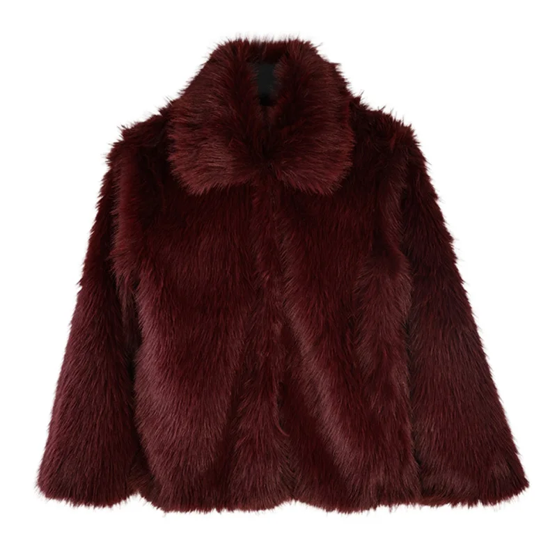 

Vintage Burgundy Artificial Faux Fur Coat For Women Long Sleeve Lapel Single Breasted Furry Jacket 2025 New Lady Y2k Outwears