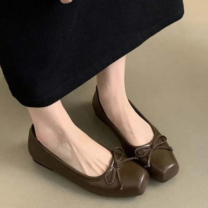 New Women's Ballet Flats Elegant Bows Square Toe Pumps Soft Sole Casual Slip-on Scoop Shoes Lady Comfortable Leather Work Shoes