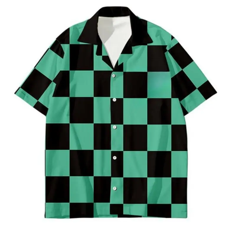 

Green Black Plaid Casual Shirts Tanjiro Kamado Cosplay Kimetsu Yaiba Anime Demon Beach Shirt Hawaii Novelty Blouses