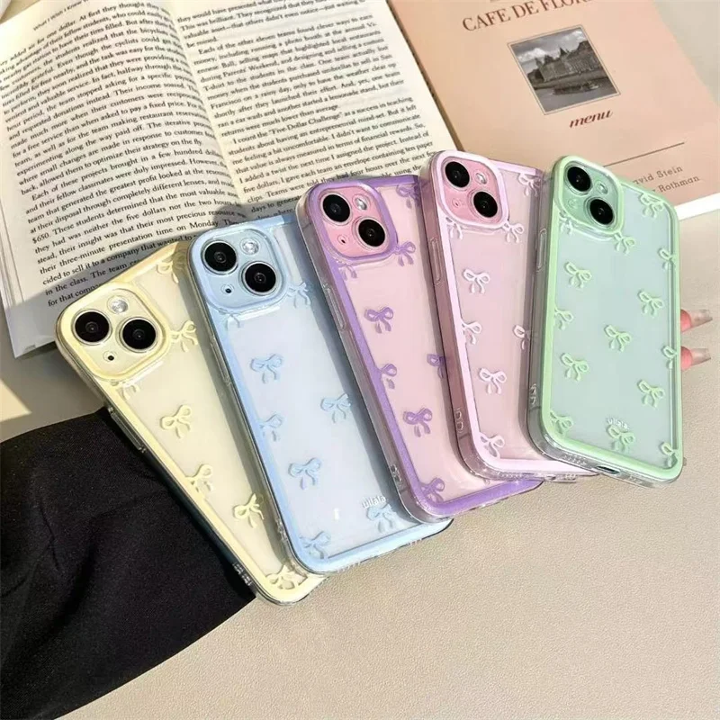 Doce cor bowknot design caso de telefone macio para iphone 17 ar 16 15 14 13 12 11 pro max 16 plus 16e à prova de choque macio claro capa