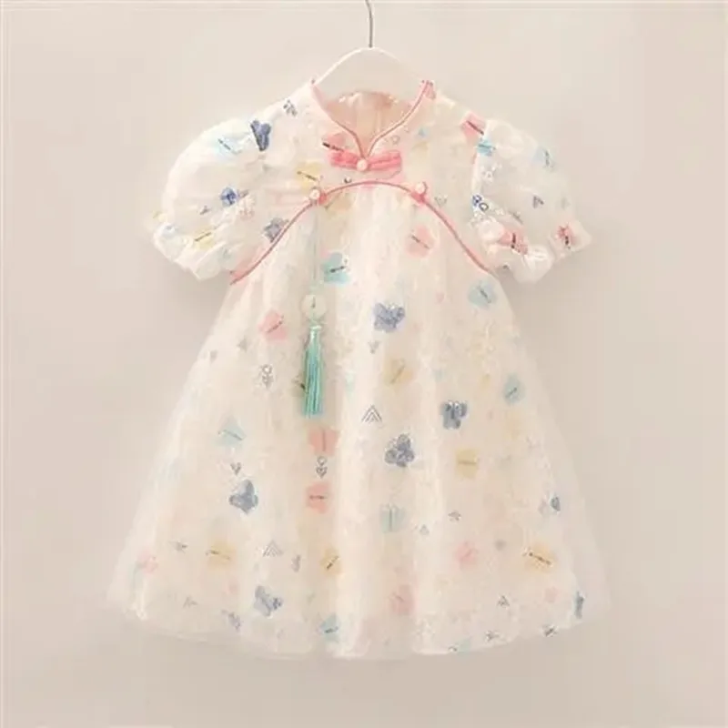 Girls Summer Cheongsam Dress Butterfly Short Sleeve Vintage Princess Dress Baby Lace Chinese Style Skirt