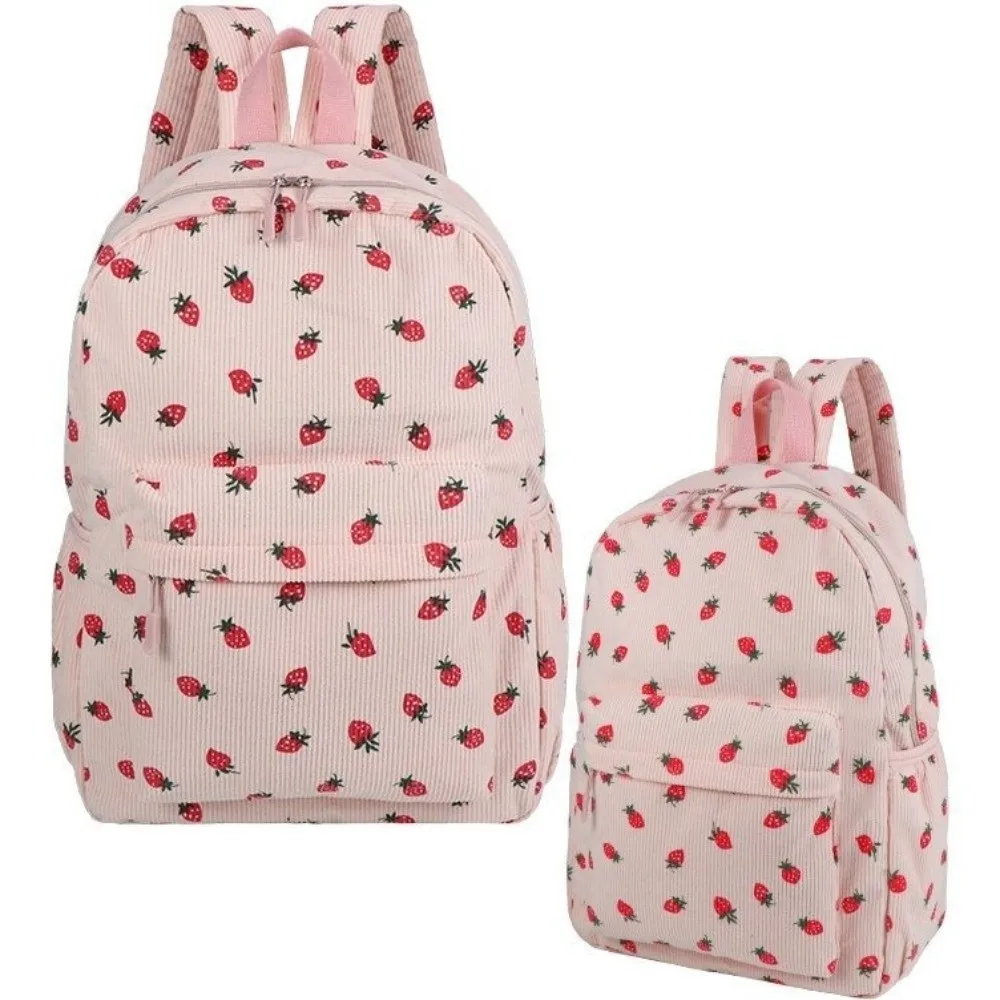 Strawberry Corduroy Backpack Lightweight Solid Color Students School Bag Portable Large Capacity Students Daypack Women