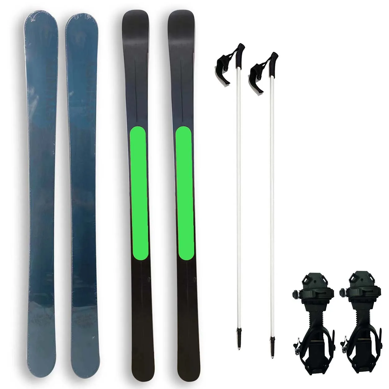 

125 cm long wide hiking skis for back county use with pivot bindings