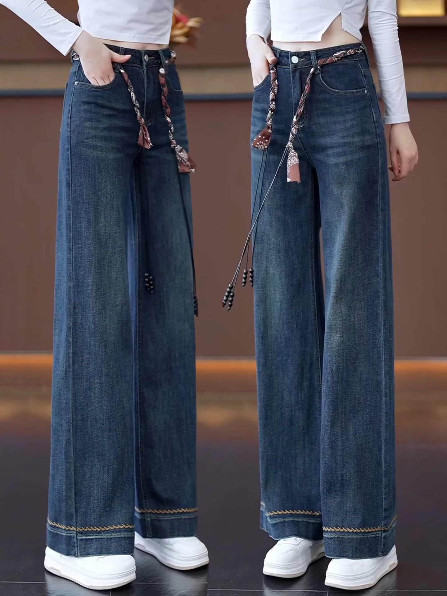 

Retro High Waist Straight Leg Jeans Women's Casual Pants Silk Scarf Belt Slimming Wide Leg Trousers Spring Autumn New Style