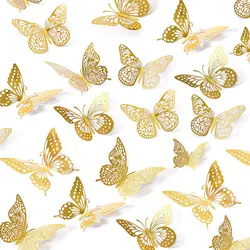 3D Hollow Butterfly Adesivos de Parede, Ouro, Rosa, Ouro, Prata, Borboletas Adesivos para Casamento, Aniversário, Home Room Decorações, 12Pcs