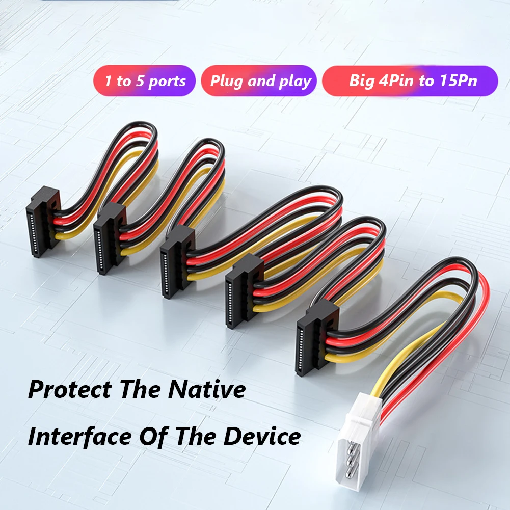 SATA 1 to 5 SATA Hard Disk Power Supply Splitter Adapter Cable Cord 4 Pin to 15 Pin SATA Power Adapter for PC Sever
