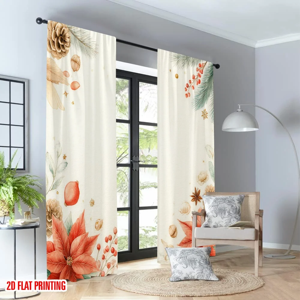 2 قطعة 2D الطباعة المسطحة عيد ميلاد سعيد الستائر عيد الميلاد البونسيتة ستار اليانسون كوز الصنوبر الرقمية المطبوعة البوليستر الستائر الطرف #4