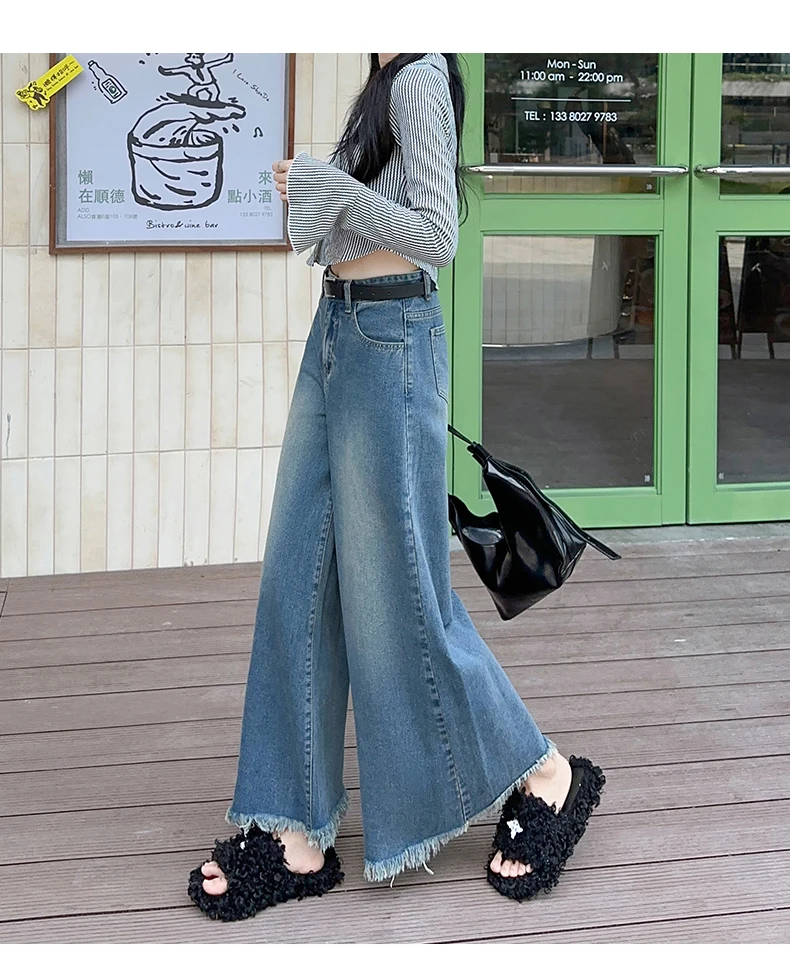 CHIC Women\'s American Vintage Washed Wide Leg Jeans Street Casual Blue Denim Trousers Female High Waist Straight Pants