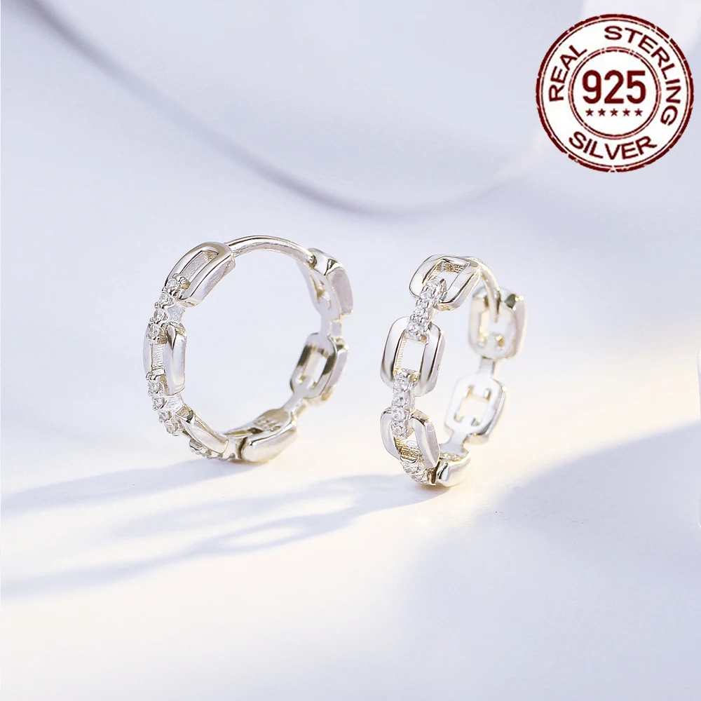 CWWZircons Genuine 925 Sterling Silver Link Chain CZ Zircon Hoop Earrings Fine Wedding Jewelry for Women Party Accessories SE015